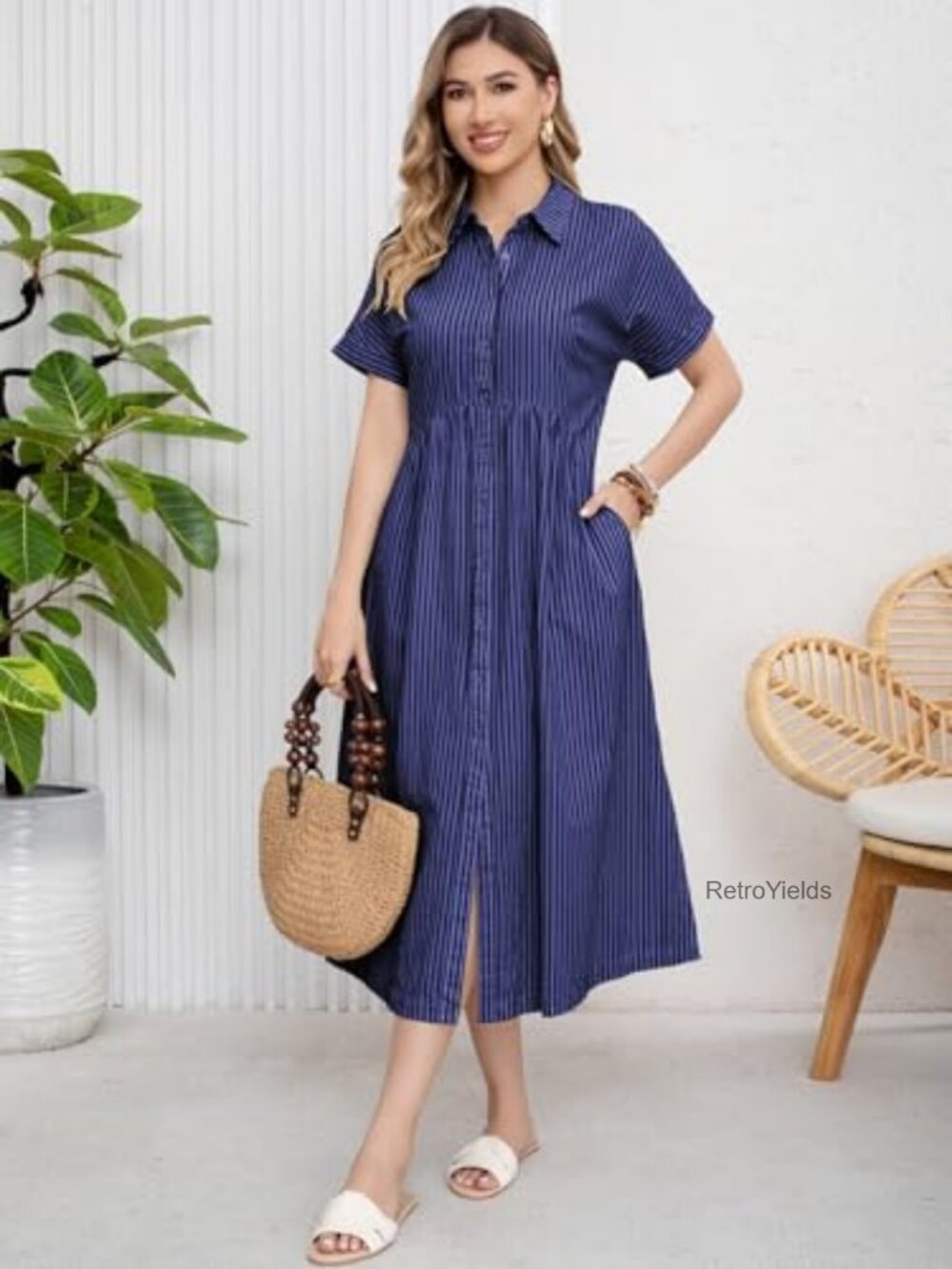 Women's Boho Striped Shirt Dress with Pockets A-Line Midi - Picture 3 of 7